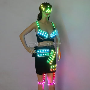 Full Color LED Costume Sexy Woman Luminous Dress Pole Dance Glowing Clothes Masked Stripper Outfits DJ DS Light Up Bra Suits