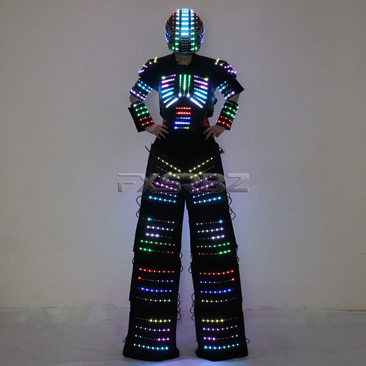 Full Color Smart Pixel LED Robot Suit Costume Light Up Stilts Walker Clothing Helmet Laser Gloves LED Luminous Jacket Clothes